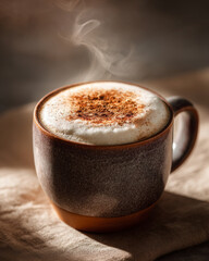 Delightful hot cappuccino milk provides warmth and comfort on chilly morning