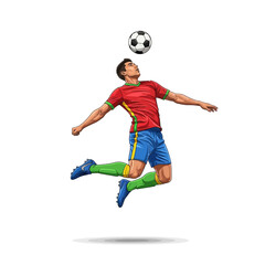 Fototapeta premium Dynamic soccer player leaps to head ball mid-air, showcasing athleticism and competitive spirit on white background