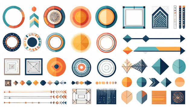 Modern flat vector basic design elements set including shapes, arrows, speech bubbles, frames, and abstract patterns