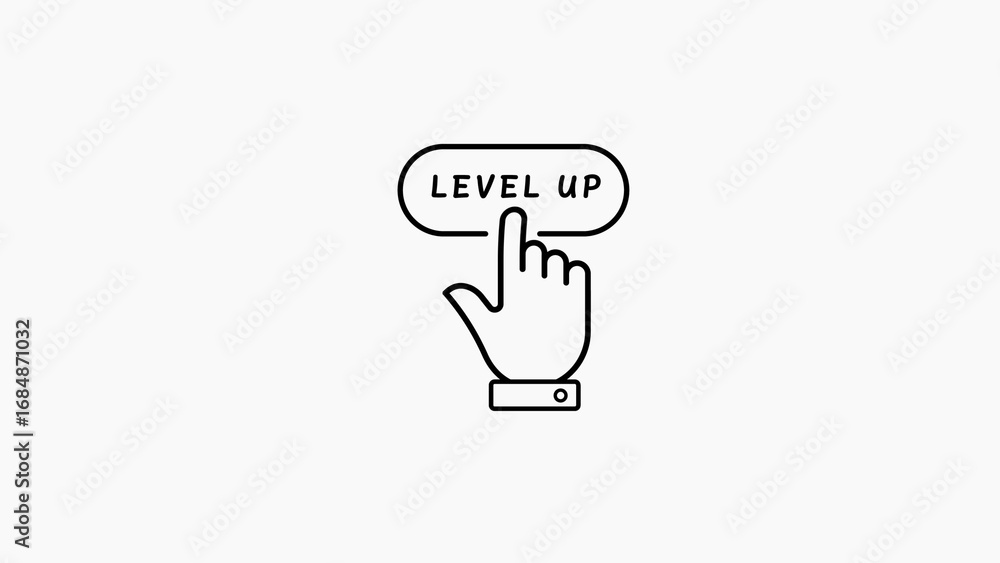 Poster hand cursor clicking on a level up button icon with white background finger