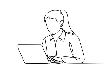 Continuous line drawing of a woman working on a laptop