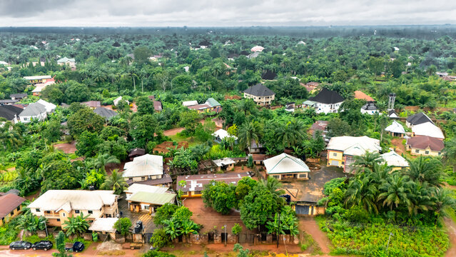 Aerial view of homes nestled amidst a sea of lush green trees, creating a tranquil and vibrant scene,  Okwele Community, Imo State, Nigeria.
