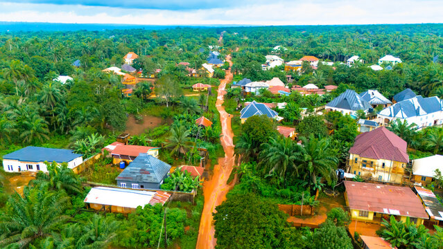 Aerial view of a small village nestled amidst a dense, vibrant green forest, the red-clay road cutting through,  Okwele Community, Imo State, Nigeria.