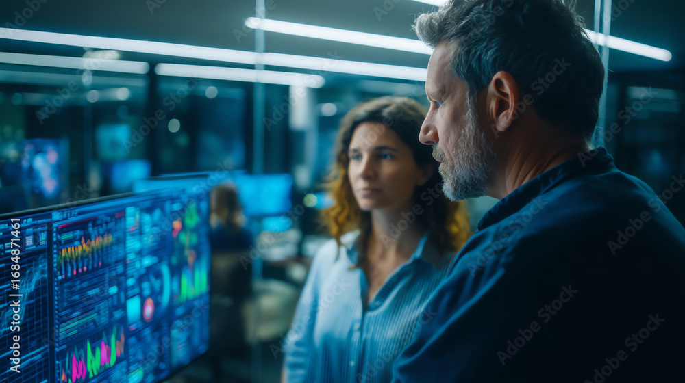 Poster two professionals analyze complex data and charts on multiple computer screens in a modern, high-tec