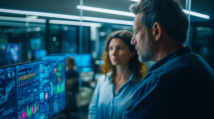 Two professionals analyze complex data and charts on multiple computer screens in a modern, high-tech office environment with neon lighting
