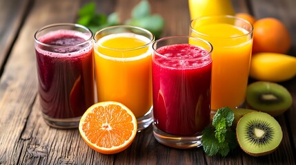Glasses of fruit juices on wood table
