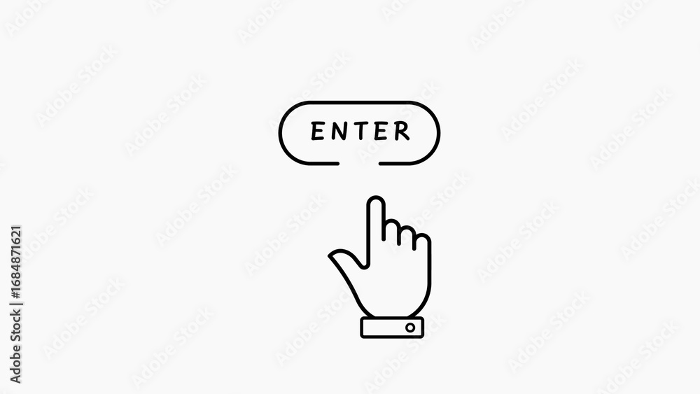 Poster black line art icon of a hand pressing an enter button on a white background enter button hand icon