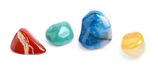 Many different healing stones isolated on white, top view