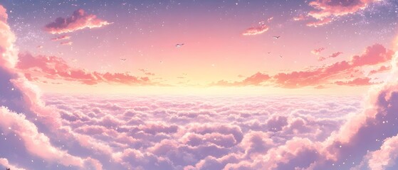 Heavenly sky with sunset above clouds.