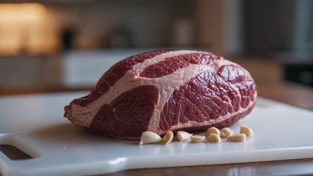 A raw beef roast with raw garlic cloves rests on a kitchen board in the kitchen. The raw beef displays marbled fat, with raw garlic adding flavor in the kitchen setting.