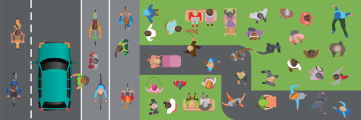 Top view of people of different genders, ages walking, standing, sitting on a bench, riding a scooter, bicycle, skateboard, motorcycle, car. View from above. Aerial. Road, bike path, footpath, lawn