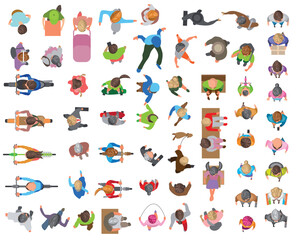 Top view of people of different genders and ages walking, standing, sitting on a couch, armchair, riding a scooter, bicycle, skateboard, motorcycle. View from above. Aerial. Colourful set of vectors.