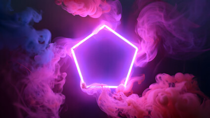 Abstract Pentagonal Neon Frame in Pink and Blue Smoke; Futuristic, Vaporwave Style