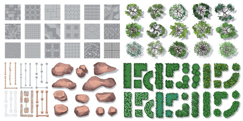 Top view of vector set for landscape design of park. Pavements, architectural elements, trees, stones. Fences, paths, tile. View from above. Aerial.