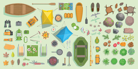 Top view on elements of camping, boats, tables, chairs, lantern, shovel, barbecue, tent, sleeping bag, binoculars, stumps, plants, tree leaves. Vector set
Summer background. View from above. Aerial.
