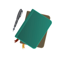 Top view of two diaries (brown and sea-green) lying on top of each other and a grey-black fountain pen. View from above. Vector illustration set. Aerial
