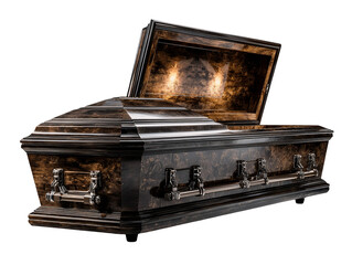 Dark polished wooden coffin with metallic handles and gothic funeral design, isolated on transparent background