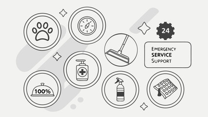 Emergency service support icons for pet care cleaning and health