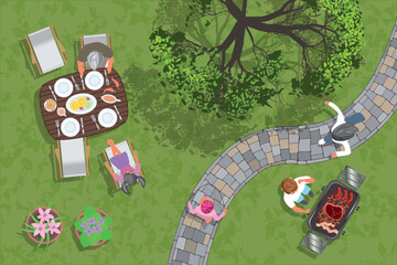 Top view. Vector illustration. BBQ in the garden.
People, barbecue, table, chairs, dishes, grass, tree, track, flowers. View from above. Aerial.
