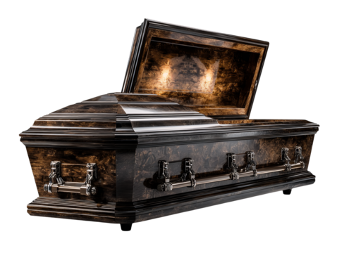Dark polished wooden coffin with metallic handles and gothic funeral design, isolated on transparent background