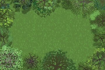View of the forest clearing from above. Top view of green grass surrounded by trees. Space for the text. Vector illustration. Aerial
