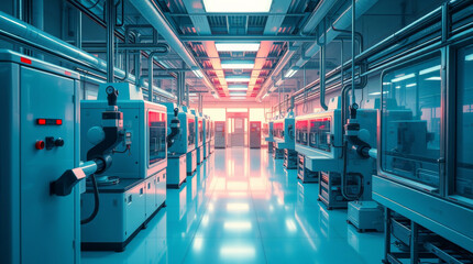 Obraz premium High-tech yogurt production line in a clean dairy factory with automated stainless steel equipment and modern food processing technology