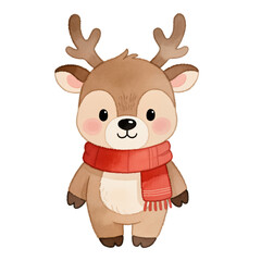 Christmas reindeer in red scarf, cute cartoon watercolor illustration of winter animal isolated on transparent background