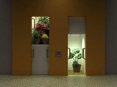 Modern interior with illuminated indoor plants symbolizing sustainability