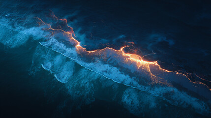 Deep blue ocean waves with glowing cracks beneath the surface, hinting at volcanic activity.