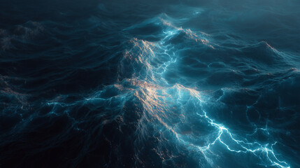 Deep blue ocean waves with glowing cracks beneath the surface, hinting at volcanic activity.
