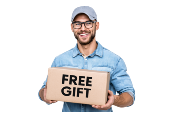 Smiling man in glasses and cap holding free gift box, white background