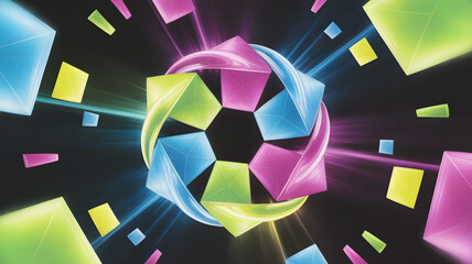 Vibrant abstract geometric soccer ball bursting with color and energy surrounded by floating shapes and light rays