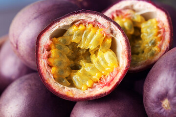 Many fresh passion fruits as background, closeup