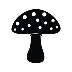 A black and white illustration of an amanita mushroom, a classic fungi image, fly agaric mushroom silhouette vector illustration