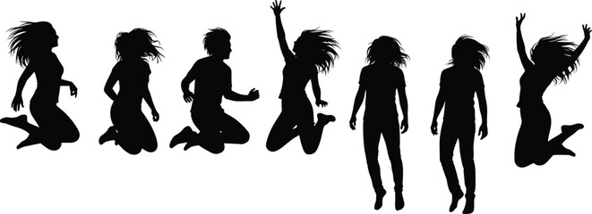 Jumping people silhouettes vector illustration, energetic youth expressions, active male and female figures, dynamic poses, movement design, isolated white background,