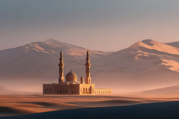 Serene mosque stands amidst vast desert sand dunes bathed in soft light at dawn
