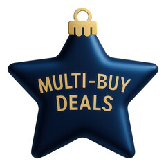 Glossy star tag with MULTI-BUY DEALS offer in bold letters, attractive retail promotion on transparent background.