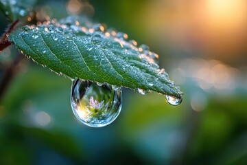 Dewdrop Reflecting Flower on Green Leaf at Sunrise