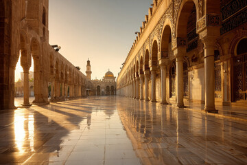 Fototapeta premium Mosque courtyard bathed in golden sunrise, soft light creating peaceful, majestic atmosphere