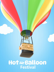 Festival poster with 3D cartoon colorful hot air balloon