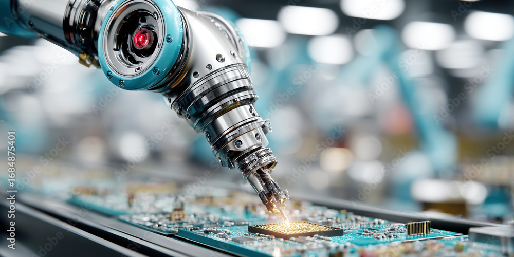 Poster robotic arm assembling microchip on circuit board in high-tech manufacturing process