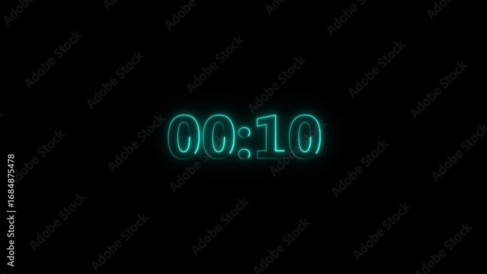 Poster digital countdown neon bright cyan color animation. of 15 second transparent on black background. 15