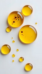 Fototapeta premium High-quality close-up of golden liquid oil drops isolated on white, 3d rendering face serum cosmetic beauty product design elements