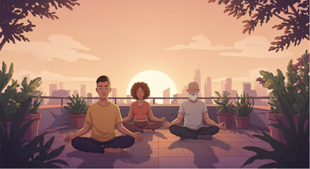 Diverse group finds inner peace meditating together on urban rooftop at sunrise