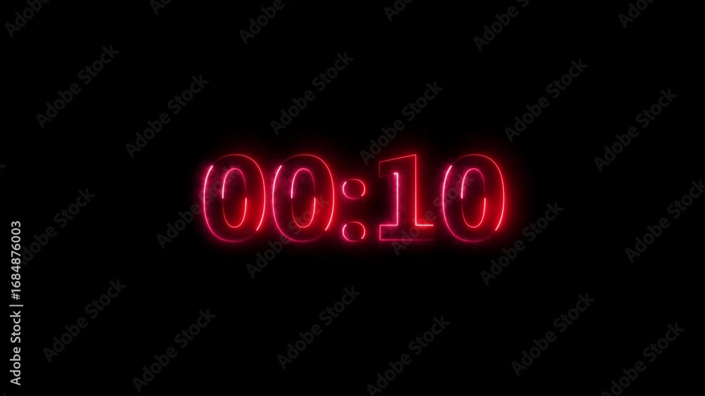 Poster digital countdown neon bright red color animation. of 15 second transparent on black background. 15 