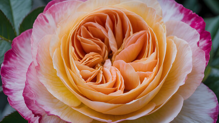 Close-up macro view of a fully blooming peach and pink rose with intricate petal layers and soft focus background