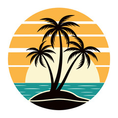 Vector art of tropical island with palm trees at sunset isolated on white background