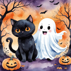 halloween background with cat and ghost.
