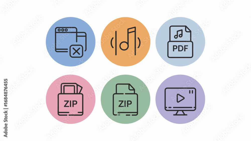 Poster vector set of color-coded download icons for software audio pdf zip video