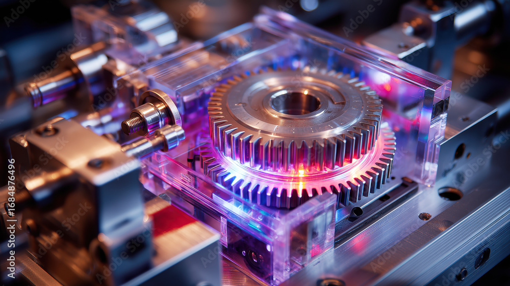 Poster high-tech gear mechanism with illuminated elements in a precision engineering environment
